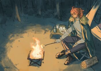 Rule 34 | 1boy, ahoge, alternate costume, boots, brown boots, campfire, camping, camping chair, chair, closed eyes, coat, coat on shoulders, crossed ankles, cup, fate/grand order, fate (series), firewood, folding chair, food, forest, fujinari takumi, fur-trimmed coat, fur trim, gloves, green coat, grey pants, hair between eyes, high ponytail, holding, holding stick, light blush, long hair, long sleeves, male focus, marshmallow, mug, nature, night, on chair, open mouth, orange hair, outdoors, pants, partially colored, plate, ponytail, roasted marshmallow, romani archaman, sitting, sketch, smile, solo, stick, sweater, table, tent, tree, turtleneck, turtleneck sweater, white gloves, white sweater