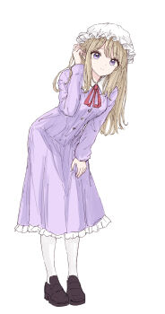 1girl blonde_hair brown_shoes buttons closed_mouth collar dress dress_ribbon frills hair_between_eyes hand_in_own_hair hand_on_own_leg happy hat highres kashiwada_kiiho leaning_forward long_dress long_hair long_sleeves looking_at_viewer maribel_hearn mob_cap purple_dress purple_eyes red_ribbon ribbon shoes simple_background smile socks solo standing touhou white_background white_collar white_hat