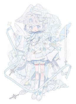 Rule 34 | 1girl, blue eyes, blue ribbon, blue shorts, creature, cross, fortissimo, full body, hair ornament, head wings, highres, holding, holding wand, kneehighs, long sleeves, memuro, musical note, musical note hair ornament, open mouth, original, ribbon, rosary, shirt, shoes, short hair, shorts, simple background, smile, sneakers, socks, solo, stole, striped ribbon, tareme, tenshi kaiwai, twitter username, veil, wand, white background, white hair, white ribbon, white shirt, white shoes, white socks, wing hair ornament, wings