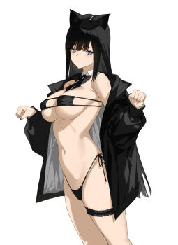 1girl absurdres animal_ear_fluff animal_ears bare_shoulders bikini black_bikini black_bow black_bowtie black_hair black_jacket black_nails black_ribbon blue_eyes blush bow bowtie breasts cat_ears cowboy_shot detached_collar eyepatch_bikini frilled_thigh_strap frills highres jacket large_breasts long_hair long_sleeves looking_at_viewer nail_polish navel off_shoulder open_clothes open_jacket original parted_lips paw_pose ribbon side-tie_bikini_bottom simple_background solo swimsuit thigh_strap thong_bikini underboob white_background yykuaixian