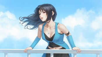 1girl against_railing arm_warmers black_hair blue_arm_warmers breasts brown_eyes cloud cloudy_sky final_fantasy final_fantasy_viii floating_hair highres jewelry large_breasts long_hair miura-n315 navel necklace railing rinoa_heartilly sky sleeveless_duster