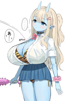 Rule 34 | 1girl, absurdres, animal print, bfmelu, blonde hair, blue eyes, blue skin, blue skirt, bra, breasts, cleavage, club, club (weapon), collar, colored skin, commentary request, cowboy shot, gyaru, hair ornament, hairclip, highres, horns, huge breasts, kanabou, long hair, microskirt, oni, original, panties, pleated skirt, scrunchie, setsubun, shirt, shirt tucked in, simple background, skin-covered horns, skirt, solo, spiked collar, spikes, tiger print, translated, underwear, weapon, white background, white shirt, wrist scrunchie