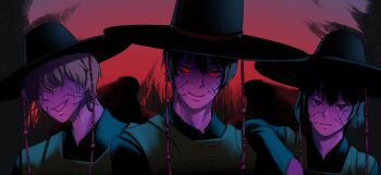 1girl 2boys black_eyes black_hair black_shirt blonde_hair bob_cut character_request colored_veins cracked_skin elbow_on_another&#039;s_shoulder glowing glowing_eyes grin han_sooyoung hat head_tilt highres kim_dokja kpop_demon_hunters looking_at_viewer multiple_boys omniscient_reader&#039;s_viewpoint portrait red_eyes shirt short_hair smile sunset verralynn vest yoo_joonghyuk