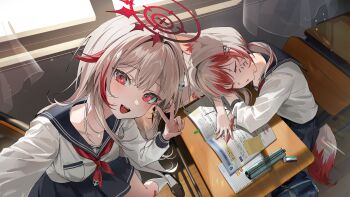 Rule 34 | 2girls, absurdres, animal ears, blue sailor collar, blue skirt, book, chair, chii (chiiriring), classroom, closed eyes, commentary, desk, drawing on another's face, dtto., eraser, fox ears, fox girl, fox tail, hair between eyes, hair ornament, halo, highres, holding, holding pencil, indoors, long sleeves, looking at viewer, mechanical pencil, multicolored hair, multiple girls, notebook, open mouth, pencil, pencil case, pleated skirt, red hair, red halo, reject (esports), ribbon, sailor collar, sailor shirt, school chair, school desk, school uniform, selfie, serafuku, shirt, sitting, skirt, skull hair ornament, sleeping, sleeping on desk, smile, streaked hair, syusetu kohaku, tail, v, vee (vtuber), virtual youtuber, white hair, white shirt, window, winter uniform