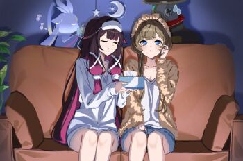 2girls alternate_costume alternate_hairstyle black_hair blue_eyes brown_hair closed_eyes closed_mouth columbina_(genshin_impact) commentary_request couch facing_another genshin_impact indoors kuuhenki_(genshin_impact) long_hair long_sleeves looking_at_viewer multiple_girls nao_(naoooo_a) on_couch pulonia_(genshin_impact) purple_hair sandrone_(genshin_impact) sitting smile tissue_box