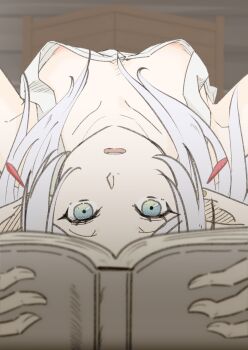 1girl book collarbone commentary_request downblouse earrings elf floating_earrings frieren green_eyes highres holding holding_book jewelry kahadu_nari long_hair nipple_slip nipples on_bed open_mouth parted_bangs pointy_ears reading solo sousou_no_frieren white_hair