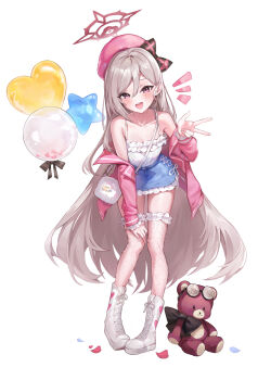 1girl :d alternate_costume alternate_hairstyle balloon bare_shoulders beret black_bow blue_archive blue_skirt blush boots bow breasts camisole cano852 casual collarbone commentary double-parted_bangs eyelashes fishnet_thighhighs fishnets frilled_camisole frilled_skirt frilled_thighhighs frills full_body grey_hair hair_behind_ear hair_between_eyes hair_down halo hand_on_own_knee hand_up happy hat hat_bow heart_balloon highres jacket lace-up_boots leaning_forward long_hair long_sleeves looking_at_viewer miniskirt mutsuki_(blue_archive) notice_lines open_clothes open_jacket open_mouth petals pink_hat pink_jacket plaid_bow red_halo sidelocks simple_background skirt small_breasts smile solo standing stuffed_animal stuffed_toy teddy_bear teeth thighhighs thighs upper_teeth_only v very_long_hair white_background white_boots white_camisole zettai_ryouiki