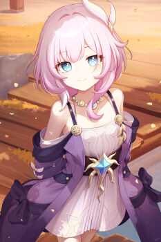 1girl bare_shoulders basa_rutan blue_eyes breasts coat commentary cyrene_(aedes_elysiae)_(honkai:_star_rail) cyrene_(honkai:_star_rail) dress hair_ornament highres honkai:_star_rail honkai_(series) jewelry looking_at_viewer multicolored_hair necklace outdoors pink_hair purple_coat short_hair small_breasts smile solo two-tone_hair white_dress white_hair