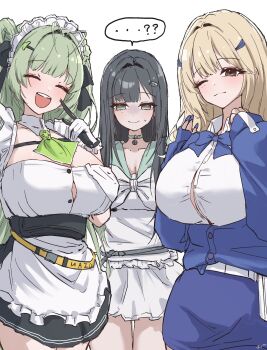 3girls arm_cuffs black_hair blonde_hair blue_bow blue_cardigan blue_eyes bow breast_conscious breast_envy breasts cardigan goddess_of_victory:_nikke green_hair gyaru highres huge_breasts kogal long_hair maid mint_(nikke) multiple_girls partially_unbuttoned shaded_face shupita small_breasts soda_(nikke) tia_(nikke)