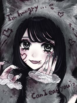 1girl aegyo_sal animal_ear_hood animal_hood black_eyes black_hair commentary english_commentary english_text facial_mark fake_animal_ears fang fur_jacket hand_on_own_cheek hand_on_own_face heart heart_facial_mark highres hood hood_up jacket long_hair long_sleeves min_(mts2314) open_mouth original portrait sleeves_past_wrists smile solo