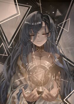 Rule 34 | 1girl, 37 (reverse:1999), absurdres, ancient greek clothes, armlet, bare shoulders, blue hair, closed eyes, closed mouth, facing viewer, glowing, gold choker, greco-roman clothes, grey background, hair between eyes, hands up, highres, jewelry, long hair, meong02, reverse:1999, solo, triangle, triangle background, upper body, very long hair