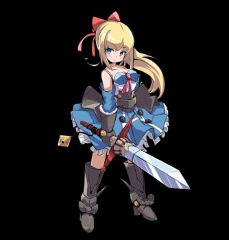 1girl aqua_eyes bare_shoulders black_background blonde_hair blue_dress blush boots bow breasts cleavage closed_mouth collarbone dress erica_(merc_storia) full_body gloves grey_boots grey_gloves hair_bow holding holding_sword holding_weapon long_hair medium_breasts merc_storia merc_storia_art_team official_art ponytail red_bow sidelocks simple_background solo standing strapless strapless_dress sword tachi-e underbust v-shaped_eyebrows weapon