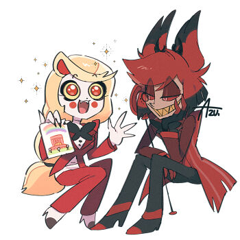 1boy 1girl alastor_(hazbin_hotel) artist_name azu_(kirara310) blonde_hair cane charlie_morningstar colored_sclera colored_skin commentary_request deformed drawing_(object) formal_clothes grin hand_on_own_face hazbin_hotel hellaverse high_heels holding holding_cane holding_paper long_hair looking_at_another paper red_eyes red_hair red_sclera sharp_teeth short_hair simple_background smile sparkle suit teeth white_skin yellow_sclera