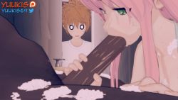 1girl 2boys 3d animated bathroom cheating_(relationship) cum cum_in_mouth cum_overflow dark-skinned_male dark_skin deepthroat fellatio hetero interracial lala_satalin_deviluke multiple_boys netorare oral penis pink_hair self-upload soap_bubbles tagme to_love-ru to_love-ru_darkness uncensored video watching yuuki_rito yuukis