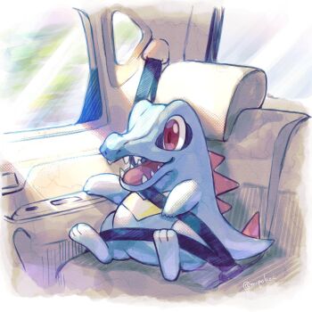 :d blue_skin car_interior colored_skin full_body gen_2_pokemon highres mipokec nintendo open_mouth pokemon pokemon_(creature) pokemon_focus red_eyes seatbelt smile solo teeth totodile twitter_username