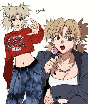 1girl 7rorzr alternate_costume blonde_hair blue_pants breasts candy cleavage cow crop_top earrings food grey_jacket hair_tie highres holding holding_candy holding_food holding_lollipop hoop_earrings jacket jewelry lollipop medium_breasts midriff multiple_views naruto_(series) navel necklace open_mouth pants parted_bangs print_sweater quad_tails red_sweater shirt short_hair solo sweater sweatpants temari_(naruto) upper_body white_background white_shirt