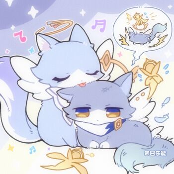 animal_ears animal_hands animalization artist_name blue_fur brother_and_sister cat cat_ears cat_paws chinese_commentary closed_eyes commentary_request feathered_wings ganleneng halo honkai:_star_rail honkai_(series) jewel_under_eye licking multicolored_eyes musical_note neckerchief piercing robin_(honkai:_star_rail) siblings sparkle sunday_(honkai:_star_rail) tail two-tone_eyes wings