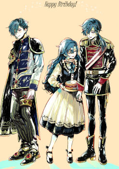 1boy 1girl ^_^ akuma_shitsuji_to_kuroi_neko alternate_costume aqua_hair bib_collar birthday_cake black_boots black_cape black_coat black_jacket black_pants black_shoes black_skirt black_vest blue_ribbon blush boots brother_and_sister buttons cake cape closed_eyes closed_mouth coat collar cross cross_earrings dress_shoes earrings english_text epaulettes food formal_clothes frilled_collar frills fringe_trim full_body gem gloves gold_thighlet gold_trim hair_over_one_eye half-closed_eyes happy_birthday haures_clifford high_collar highres holding holding_cake holding_food jacket jewelry leaning_to_the_side long_hair long_sleeves looking_at_another looking_down low_ponytail mary_janes multicolored_jacket multiple_views neck_ribbon nonoko_(meg36544) open_mouth pale_skin pants pleated_skirt ponytail red_eyes red_gemstone red_sash ribbon sash shirt shoes short_hair shoulder_sash siblings side_part side_ponytail skirt smile standing star_(symbol) striped_clothes striped_pants thighlet tricia_clifford two-tone_jacket two-tone_shirt vertical-striped_clothes vertical-striped_pants vest wavy_hair white_gloves white_jacket white_shirt white_skirt wing_collar