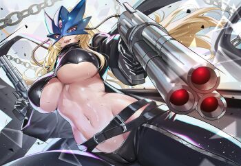 1girl :d aiming aiming_at_viewer beelstarmon belt black_belt black_coat black_gloves black_pants black_vest blonde_hair blue_mask breasts chain coat commentary cowboy_shot cropped_vest digimon digimon_(creature) dual_wielding eye_mask gloves groin gun highres holding holding_gun holding_weapon large_breasts leather leather_pants long_hair looking_at_viewer mask multiple-barrel_gun navel open_clothes open_coat open_mouth pants purple_eyes sidelocks smile solo stomach sweat teddypocky teeth third_eye tight_clothes tight_pants trigger_discipline underboob upper_teeth_only vest weapon zipper