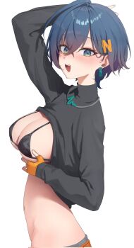 Rule 34 | 1girl, belle (zenless zone zero), black bra, blue hair, bra, breasts, clothes lift, corrupted twitter file, earrings, fingerless gloves, from side, gloves, green eyes, hair between eyes, hair ornament, hand up, hashtag-only commentary, highres, jewelry, large breasts, letter hair ornament, long sleeves, looking at viewer, navel, necklace, neptune illust, no jacket, open mouth, orange gloves, shirt, shirt lift, short hair, simple background, solo, teeth, turtleneck, turtleneck shirt, underwear, upper body, upper teeth only, white background, zenless zone zero