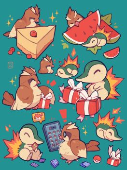 ! aqua_background beak bird cake chibi closed_eyes cyndaquil food fruit gen_1_pokemon gen_2_pokemon highres multiple_views nintendo no_humans pidgey poke_ball poke_ball_(basic) pokemon pokemon_(creature) simple_background sparkle tiki_(tikivt) two-tone_fur watermelon watermelon_slice