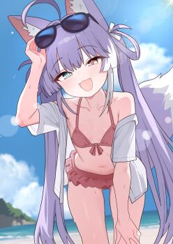 1girl :3 :d absurdres ahoge animal_ear_fluff animal_ears beach bikini blue_eyes blue_sky blush collarbone commentary_request day fang flat_chest fox_ears fox_girl fox_tail frilled_bikini frills hair_rings heterochromia highres korean_commentary long_hair looking_at_viewer navel open_mouth outdoors purple_hair purple_tail red_bikini saho_4545 sand shirt sky smile solo stellive stomach sweat swimsuit tail tenko_shibuki twintails two-tone_tail virtual_youtuber water white_shirt yellow_eyes