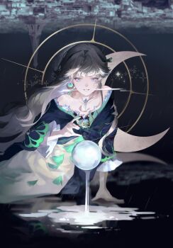 Rule 34 | 1girl, absurdres, arm support, beryl bouanich, black cloak, blue eyes, cloak, commentary request, cowboy shot, crescent, crescent earrings, crystal ball, crystal earrings, dark background, dragonfly hair ornament, dress, earrings, eiffel tower, floating earrings, grey hair, grin, hand up, highres, jewelry, looking at viewer, mismatched earrings, reverse:1999, shenqi a hao, sitting, smile, solo, sparkle, white dress, yokozuwari