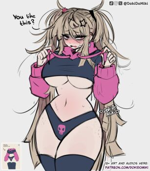 1girl artist_name bite_mark bite_mark_on_leg bite_mark_on_thigh black_hoodie black_panties black_thighhighs blonde_hair blush body_freckles breasts commentary cowboy_shot cropped_hoodie curvy dokidomiki drawstring drawstring_pull english_commentary english_text freckles gauze gauze_on_cheek gauze_on_face hair_between_eyes hair_ornament hands_up highres hood hoodie large_breasts long_hair long_sleeves looking_at_viewer messy_hair miki_(dokidomiki) mole mole_under_eye navel open_mouth original paggi_outfit panties patreon_username photo_inset pink_eyes pink_hoodie raised_inner_eyebrows reference_inset scar scar_on_stomach simple_background sketch skull_print solo star_(symbol) star_hair_ornament stomach sweat talking thick_thighs thigh_freckles thighhighs thighs tiktok_logo twitter_x_logo two-tone_hoodie underboob underwear uneven_bangs very_long_hair white_background
