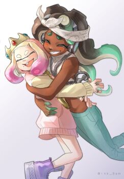 Rule 34 | 2girls, bandana, blush, chain, chain necklace, closed eyes, colored fingertips, commentary, crop top, crown, dark-skinned female, dark skin, fang, gradient hair, headphones, highres, hood, hoodie, hug, ink 8pm, inkling, jewelry, long hair, marina (dj hyperfresh) (splatoon), marina (splatoon), medium hair, midriff, mole, mole under mouth, multicolored hair, multiple girls, multiple rings, necklace, nintendo, octoling, open mouth, oversized clothes, pants, pearl (mc.princess) (splatoon), pearl (splatoon), pink hair, ring, smile, splatoon (series), splatoon 2, untranslatable commentary, tentacle hair, thick eyebrows, white hair