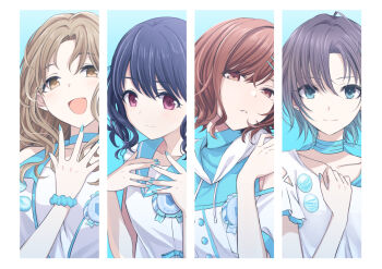 Rule 34 | 4girls, :3, ahoge, asakura toru, badge, black hair, blue background, blue bow, blue choker, blue eyes, blue hair, blue nails, blush, bow, breasts, brown eyes, brown hair, button badge, choker, collarbone, cut-in, earrings, fukumaru koito, gradient background, gradient hair, hair bow, hair ornament, hairclip, highres, higuchi madoka, ichikawa hinana, idol clothes, idolmaster, idolmaster shiny colors, jewelry, kamekoya sato, long hair, looking at viewer, medium breasts, medium hair, mole, mole under eye, multicolored hair, multiple girls, nail polish, noctchill (idolmaster), one eye closed, open mouth, parted bangs, parted lips, purple eyes, scrunchie, shirt, short hair, sleeveless, smile, stud earrings, twintails, upper body, white shirt, wrist scrunchie