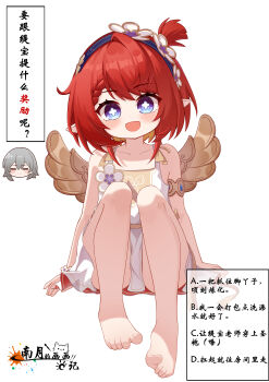 Rule 34 | 2girls, absurdres, ancient greek clothes, angel wings, barefoot, black hairband, blue eyes, breasts, commentary request, cross-section, dress, flower, greco-roman clothes, grey hair, hair flower, hair ornament, hairband, head only, highres, honkai: star rail, honkai (series), legs, multiple girls, open mouth, pointy ears, red hair, short hair, sitting, small breasts, smile, speech bubble, stelle (honkai: star rail), toes, trailblazer (honkai: star rail), translation request, tribbie (honkai: star rail), white background, white dress, wings, yaoli (ysxbd)