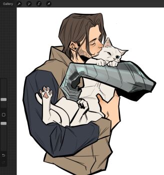 1boy animal art_program_in_frame beard_stubble black_sleeves brown_hair brown_jacket bucky_barnes captain_america:_the_winter_soldier captain_america_(series) cat closed_eyes cropped_torso facial_hair highres holding holding_animal holding_cat irispardom jacket kiss kissing_cheek male_focus marvel mechanical_arms one_eye_closed parted_bangs prosthesis prosthetic_arm short_hair single_mechanical_arm solo stubble white_background white_cat