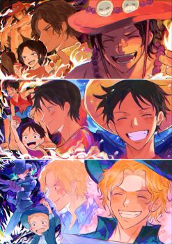 3boys ^_^ aged_down black_hair blonde_hair blush character_name child closed_eyes commentary hat highres hyeon_0613 jewelry male_focus monkey_d._luffy multiple_boys necklace one_piece open_mouth orange_hat orange_tank_top pearl_necklace portgas_d._ace sabo_(one_piece) scar scar_on_face smile tank_top