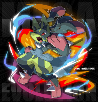 1other alternate_color commentary_request fangs furry gen_4_pokemon kumano_sakunosuke lucario mega_lucario mega_pokemon nintendo open_mouth other_focus pokemon pokemon_(creature) red_eyes shiny_pokemon solo twitter_username