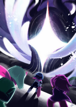 1boy 1girl 2others angel_wings armlet armor arms_behind_back axe battle_axe blue_hair breastplate capelet chromatic_aberration colored_skin covering_face deltarune demon_horns eldritch_abomination falling_feathers feathered_wings feathers furry furry_female giant gloves glowing glowing_eye goat_boy green_robe head_wings holding holding_sword holding_weapon horns jacket jewelry kris_(dark_world)_(deltarune) kris_(deltarune) light_particles living_shadow mane_ax_(deltarune) motion_blur multiple_others multiple_wings one-eyed over_shoulder pants pink_capelet pink_horns pink_pants pink_scales pink_scarf pink_skin purple_hair purple_jacket ralsei reptile_girl riyuuart robe scarf sleeveless sleeveless_jacket spiked_armlet star_(symbol) susie_(dark_world)_(deltarune) susie_(deltarune) sword symbol-shaped_eyes titan_(deltarune) utdr_(toby_fox) weapon weapon_over_shoulder white_fur wind wings wood_blade_(deltarune)