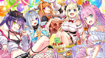5girls amane_kanata amane_kanata_(1st_costume) angel_wings animal_ears anniversary asymmetrical_legwear balloon bandaid bandaid_on_knee bandaid_on_leg bibi_(tokoyami_towa) blonde_hair blue_hair breasts brown_hairband buru-dai cake candy_apple cleavage cleavage_cutout clothing_cutout colored_inner_hair commentary_request confetti couch cropped_jacket crown cup demon_girl demon_tail detached_sleeves dragon_girl dragon_horns dragon_wings dress drinking_straw ear_piercing earrings eating eyes_visible_through_hair fishnet_thighhighs fishnets food food_on_face fur-trimmed_dress fur-trimmed_sleeves fur_trim gold_crown green_eyes grey_hair grin hair_ornament hairband hairclip halo heterochromia himemori_luna himemori_luna_(1st_costume) holding holoforce hololive horned_hat horns jacket jewelry kiryu_coco large_breasts medium_breasts midriff mismatched_legwear multicolored_hair multiple_earrings multiple_girls navel navel_cutout off_shoulder one_eye_closed one_side_up orange_hair piercing pink_dress pink_hair pink_nails pizza pizza_slice pointy_ears purple_eyes purple_hair sheep_ears sheep_girl sheep_horns sideboob single_thighhigh sitting small_breasts smile streaked_hair striped_clothes striped_thighhighs tail takoyaki thighhighs tokoyami_towa tokoyami_towa_(1st_costume) tsunomaki_watame tsunomaki_watame_(1st_costume) two-tone_hair vertical-striped_clothes vertical-striped_thighhighs virtual_youtuber white_jacket wings yellow_nails