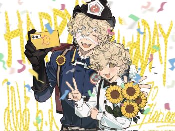 2boys :d ^_^ age_comparison bandage_over_one_eye black_bow black_bowtie black_gloves blonde_hair blue_coat bow bowtie character_name closed_eyes coat coldrex8 curly_hair fang florian_brand flower gloves happy_birthday highres holding holding_phone identity_v looking_at_viewer male_focus multiple_boys open_mouth phone puffy_sleeves shirt single_glove smile striped_blush sunflower suspenders time_paradox upper_body v white_shirt yellow_eyes