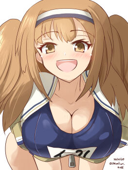 1girl blush breasts brown_eyes brown_hair cleavage collarbone commentary_request dated hairband highres i-26_(kancolle) kantai_collection large_breasts long_hair looking_at_viewer multicolored_hairband name_tag new_school_swimsuit one-piece_swimsuit open_mouth sailor_collar sawatani_(chevalier_04056) school_swimsuit short_sleeves smile solo swimsuit swimsuit_under_clothes twitter_username two-tone_hairband two_side_up