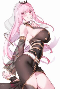 1girl absurdres artist_name bare_shoulders black_dress black_nails black_shoes black_sleeves black_tiara blush breasts detached_sleeves dress finger_to_mouth fingernails grin high_heels highres hololive hololive_english index_finger_raised kamiya_maneki large_breasts long_hair looking_at_viewer mori_calliope mori_calliope_(1st_costume) nail_polish pink_eyes pink_hair see-through_clothes see-through_sleeves see-through_veil shoes signature simple_background smile solo thighs tiara twitter_username veil virtual_youtuber white_background