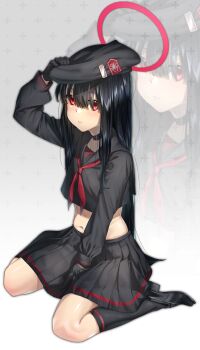 1girl absurdres between_legs black_choker black_gloves black_hair black_hat black_sailor_collar black_serafuku black_shoes black_socks blue_archive blush choker gloves hair_over_eyes halo hand_between_legs hat highres justice_task_force_member_(blue_archive) long_bangs long_hair long_sleeves navel neckerchief red_eyes red_halo red_neckerchief sailor_collar school_uniform serafuku shoes sitting skirt socks walking_nakta wariza