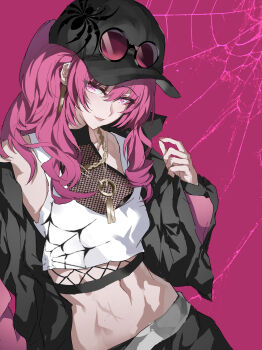 Rule 34 | 1girl, absurdres, alternate costume, animal print, baseball cap, black hat, black jacket, crop top, evzeva, eyewear on headwear, hat, highres, honkai: star rail, honkai (series), jacket, kafka (honkai: star rail), long hair, looking at viewer, midriff, navel, open clothes, open jacket, parted lips, purple eyes, purple hair, shirt, smile, solo, spider print, spider web print, stomach, sunglasses, upper body, white shirt