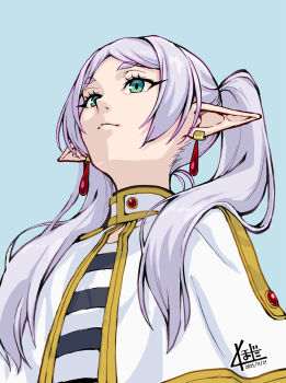 1girl blue_background capelet closed_mouth commentary_request earrings elf frieren green_eyes grey_hair jewelry kubota_masaki long_hair looking_ahead meme nose parted_bangs pointy_ears shirt simple_background solo sousou_no_frieren striped_clothes striped_shirt teardrop_earrings twintails upper_body upward_angle_frieren_drawing_(meme) white_capelet white_hair white_shirt