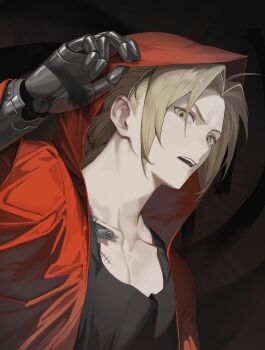 Rule 34 | 1boy, absurdres, ahoge, automail, black shirt, blonde hair, braid, braided ponytail, cbow, coat, collarbone, commentary, curtained hair, edward elric, fullmetal alchemist, highres, hood, hood up, hooded coat, long hair, male focus, mechanical arms, open mouth, ponytail, red coat, scar, scar on chest, shirt, single braid, single mechanical arm, solo, yellow eyes