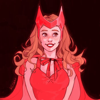 1girl artist_name black_background blush brown_eyes brown_hair cape commentary dress english_commentary headdress highres kiilea long_hair looking_to_the_side marvel parted_lips portrait red_cape red_dress red_lips scarlet_witch simple_background solo wanda_maximoff wandavision