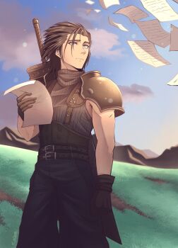 1boy armor belt_buckle black_gloves black_hair blue_eyes blue_sky buckle buster_sword cloud cloudy_sky commentary crisis_core:_final_fantasy_vii feet_out_of_frame final_fantasy final_fantasy_vii gloves grass hashtag-only_commentary highres holding holding_letter k_n0pee letter looking_up mountainous_horizon outdoors short_hair shoulder_armor sky sleeveless sleeveless_turtleneck solo spiked_hair sweater sword sword_on_back symbol-only_commentary turtleneck turtleneck_sweater weapon weapon_on_back zack_fair