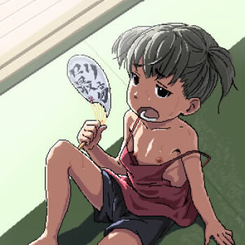 1girl arashiyama_yukiko armpit_crease armpit_peek armpits artist_request bare_arms bare_shoulders brown_hair camisole fan flat_chest loli looking_at_viewer lowres nipples off_shoulder open_mouth short_hair short_shorts short_twintails shorts soredemo_machi_wa_mawatteiru strap_slip sweat tank_top tatami twintails wardrobe_malfunction