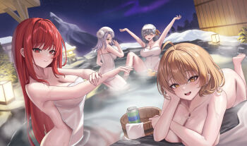 4girls anis_(nikke) arms_up blush breasts brown_hair can closed_eyes closed_mouth commentary goddess_of_victory:_nikke green_eyes grey_hair highres large_breasts long_hair looking_at_viewer modernia_(nikke) multiple_girls naked_towel neon_(nikke) night onsen open_mouth outdoors partially_submerged rapi_(nikke) rapi_(red_hood)_(nikke) red_eyes red_hair rubber_duck short_hair sitting smile steam subob_(subobdesu) symbol-only_commentary towel water yellow_eyes