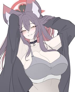 1girl absurdres amebrew animal_ears armpits arms_up black_choker black_jacket blue_archive blush bra breasts brown_hair choker cleavage collarbone colored_inner_hair commentary_request double-parted_bangs eyeshadow fox_ears grey_bra hair_between_eyes halo hand_in_own_hair highres jacket large_breasts long_hair looking_at_viewer makeup multicolored_hair open_clothes open_jacket red_eyeshadow red_hair simple_background smile solo two-tone_hair underwear upper_body very_long_hair wakamo_(blue_archive) white_background
