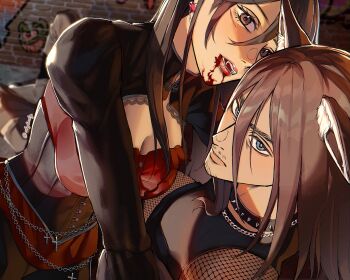 1boy 1girl abglmdg animal_ear_fluff animal_ears beard black_sleeves blood blood_from_mouth breasts brown_eyes brown_hair choker cleavage couple dress eren_yeager facial_hair facial_scar green_eyes hair_between_eyes hetero highres long_hair looking_at_viewer medium_breasts mikasa_ackerman mustache parted_lips red_dress scar scar_on_cheek scar_on_face shingeki_no_kyojin spiked_choker spikes twintails underboob vampire werewolf wolf_boy wolf_ears