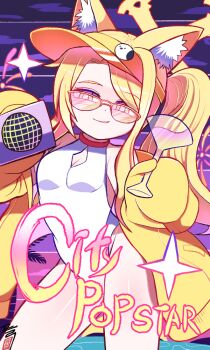 1girl animal_ear_fluff animal_ears blonde_hair blue_archive breasts clothing_cutout cocktail_glass commentary_request contrapposto covered_navel cross_halo cup diamond_cutout drinking_glass fox_ears fox_girl fox_tail halo highleg highleg_one-piece_swimsuit jacket korean_commentary long_hair microphone official_alternate_costume official_alternate_hairstyle one-piece_swimsuit orange-tinted_eyewear orange_eyes purple_background seia_(blue_archive) seia_(swimsuit)_(blue_archive) shasa2456 side_ponytail small_breasts smile solo sunglasses swimsuit tail tinted_eyewear visor_cap white_one-piece_swimsuit yellow_halo yellow_jacket yellow_visor